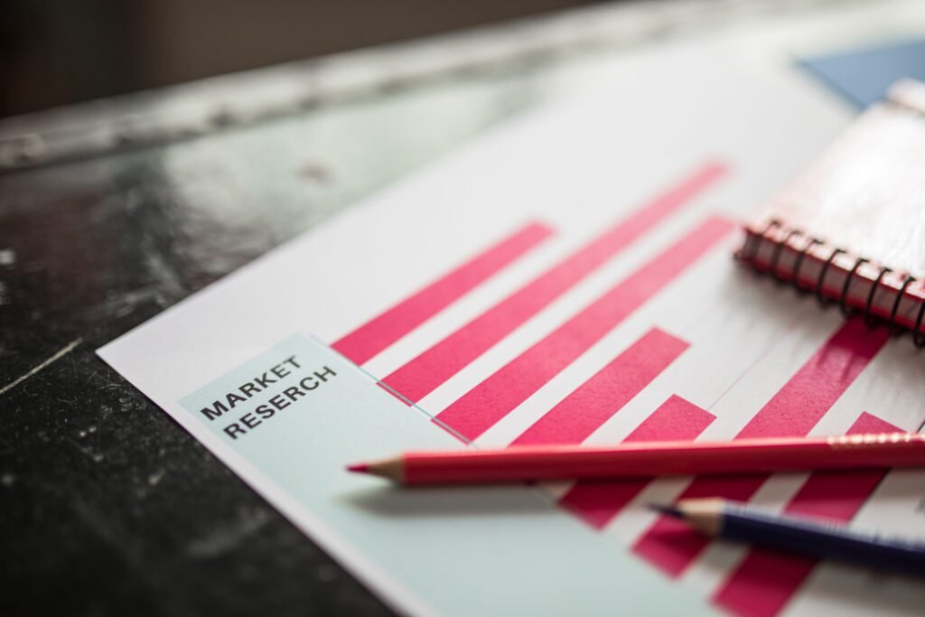 Flat lay image of market research data with graphs and pencils on a desk.
